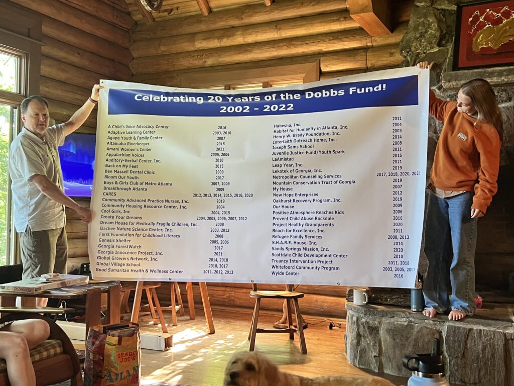 two people holding a large banner that reads "Celebrating 20 Years of the Dobbs Fund! 2002-2022"